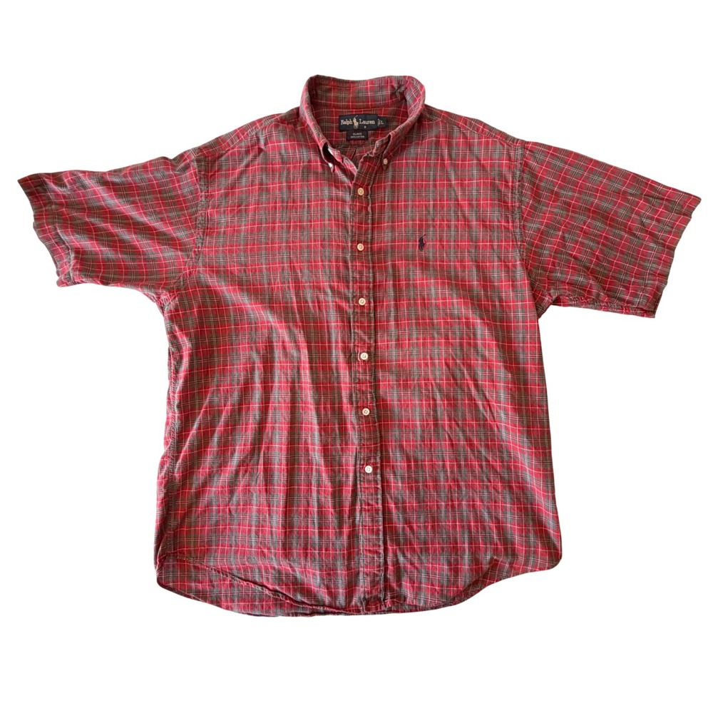 Ralph Lauren Blake Mens Large Red Green Plaid Short Sleeve Cotton Button Down